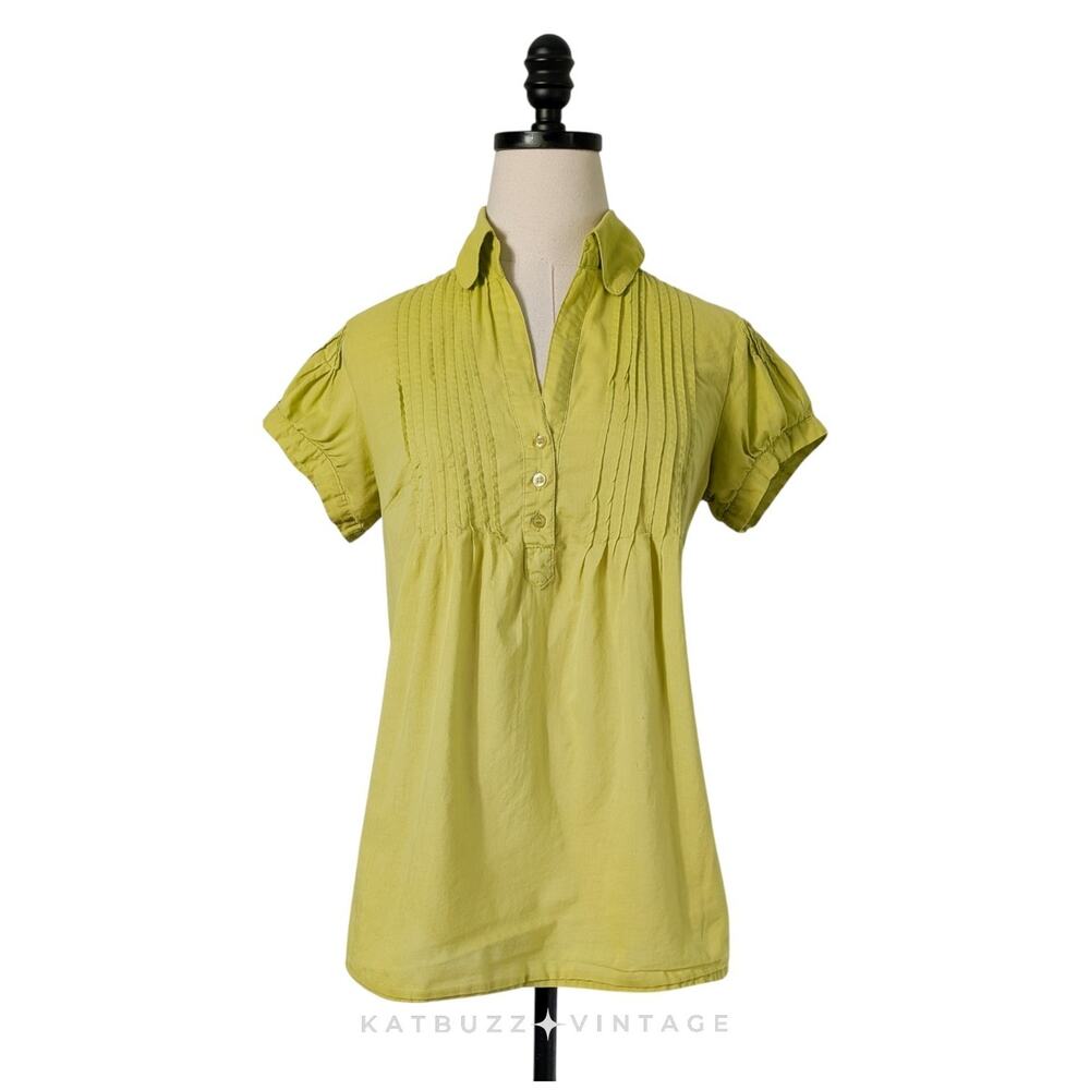 Y2K Babydoll Short Sleeve Top Shirt M Green Chartreuse Button Preppy Twee Work
